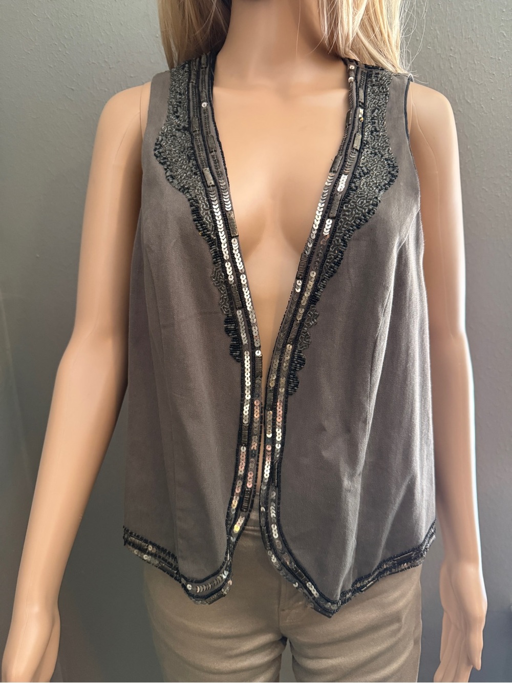 MNG Gray Sleeveless Vintage Sequin-Trim Vest